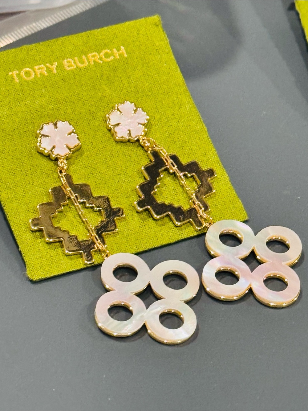 Tory Burch Mother-of-Pearl & Gold-Tone Statement Drop Earrings 2.5” NWT